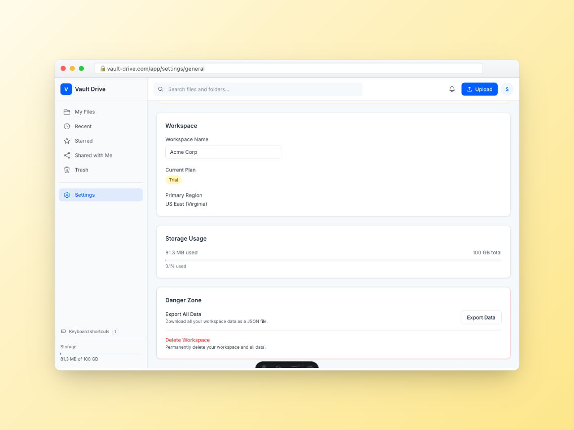 Vault Drive data export and workspace settings