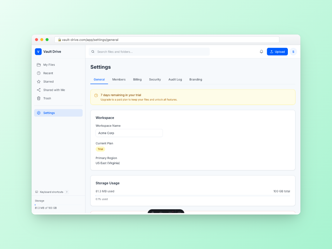 Vault Drive workspace settings showing region selection