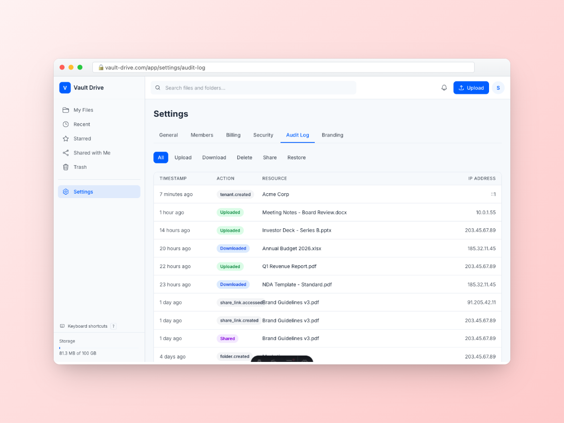 Vault Drive immutable audit log with activity tracking