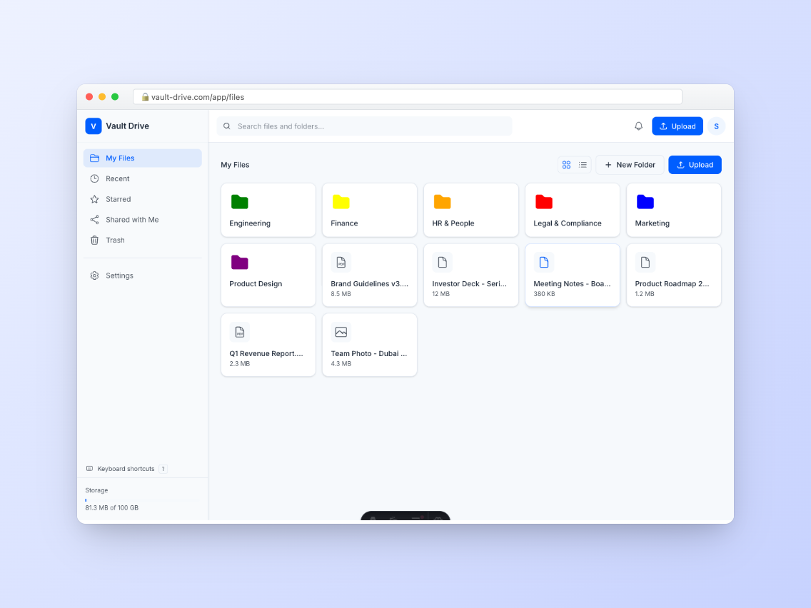 Vault Drive file browser with folders and documents